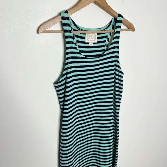 Sail To Sable Women Sleeveless Maxi Dress XS Green Navy Stripe Side Slit Coastal - Picture 4 of 10